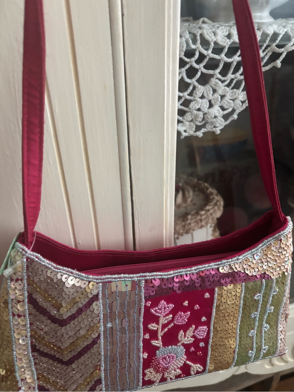 Sequined Patchwork Shoulder Bag  In Raspberry PLUS Gold Coin Purse Final Sale - Picture 5 of 13